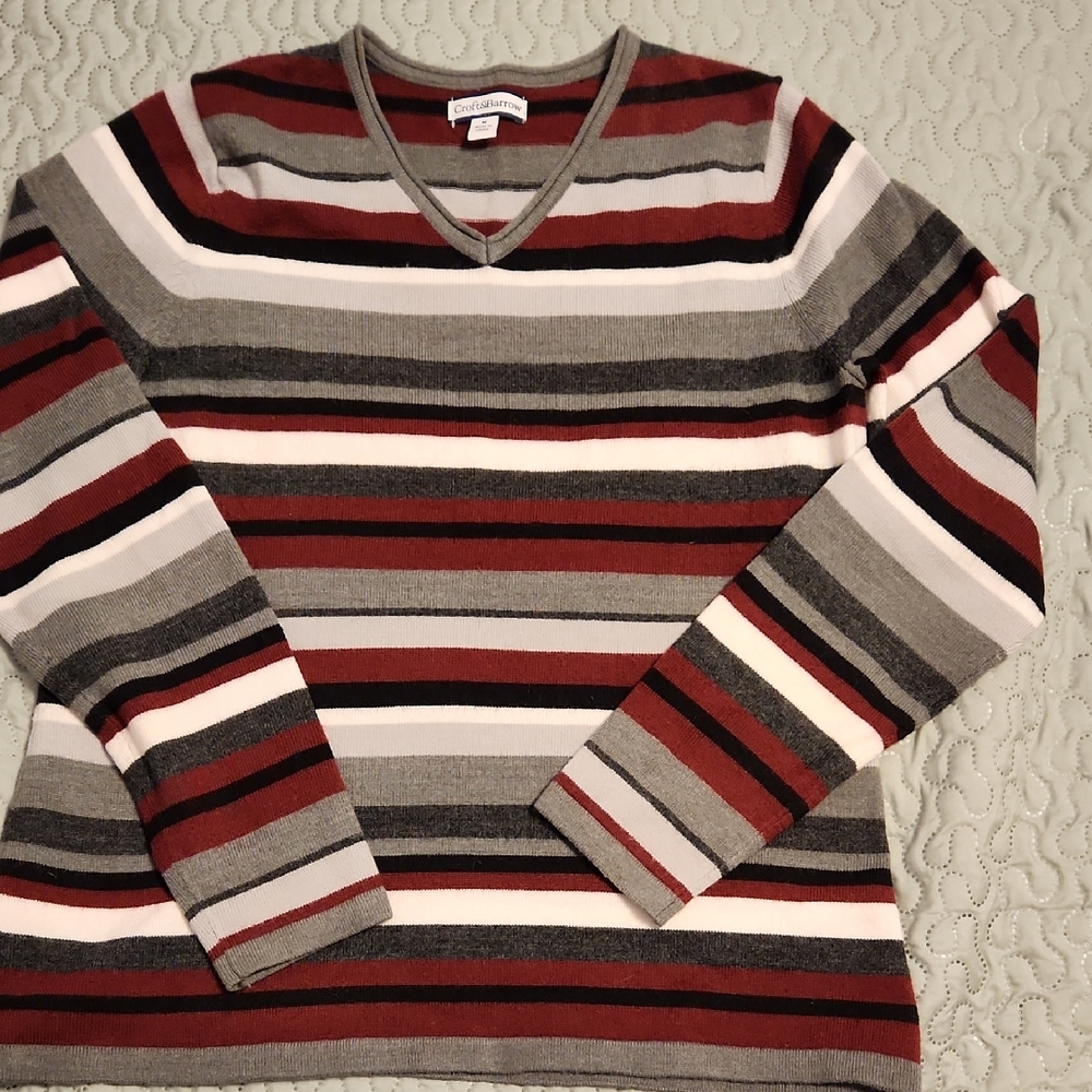 Croft & Barrow Men's V-Neck Sweater - Red, Gray, Black Stripes